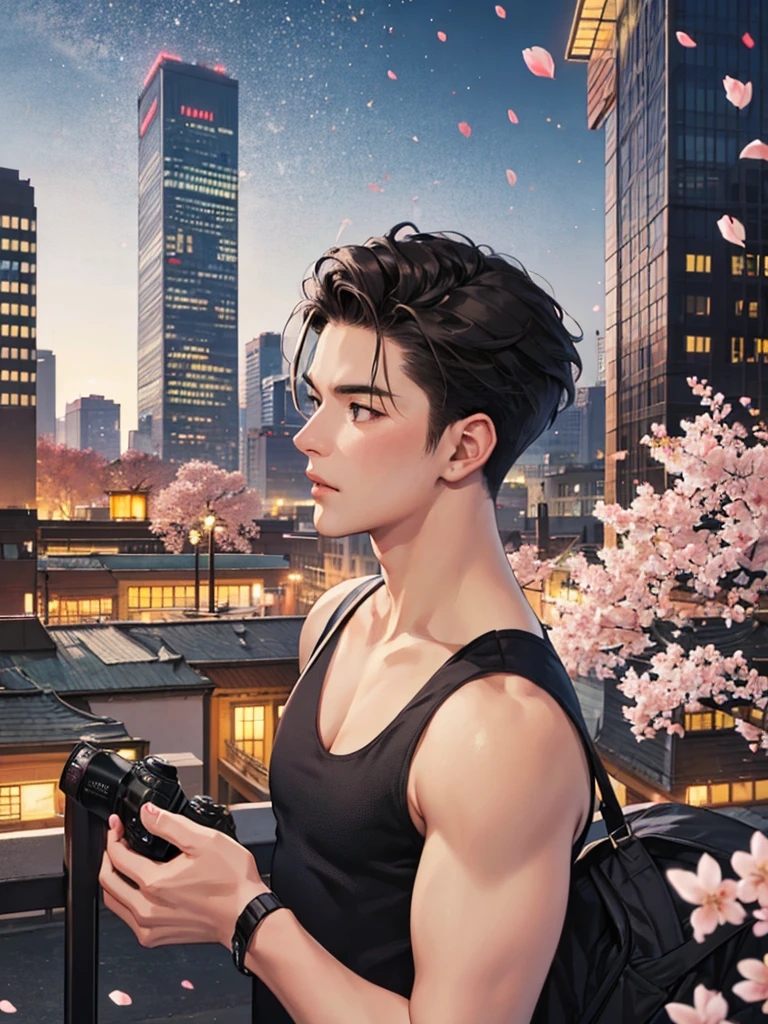 portrait of a 1 handsome asian man (25 year old) wearing a tight black tank top, front view, (angry:0.3), cinematic shot on canon 5d ultra realistic, urban atmosphere, skyscrapers, night scene, sakura petals are flying over the background, short hair undercut, (extremely handsome:1.2)