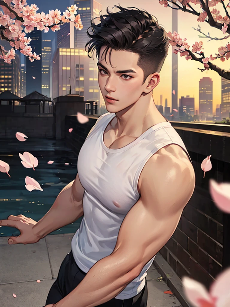 portrait of a 1 handsome asian man (25 year old) wearing a tight black tank top, front view, (angry:0.3), cinematic shot on canon 5d ultra realistic, urban atmosphere, skyscrapers, night scene, sakura petals are flying over the background, short hair undercut, (extremely handsome:1.2)