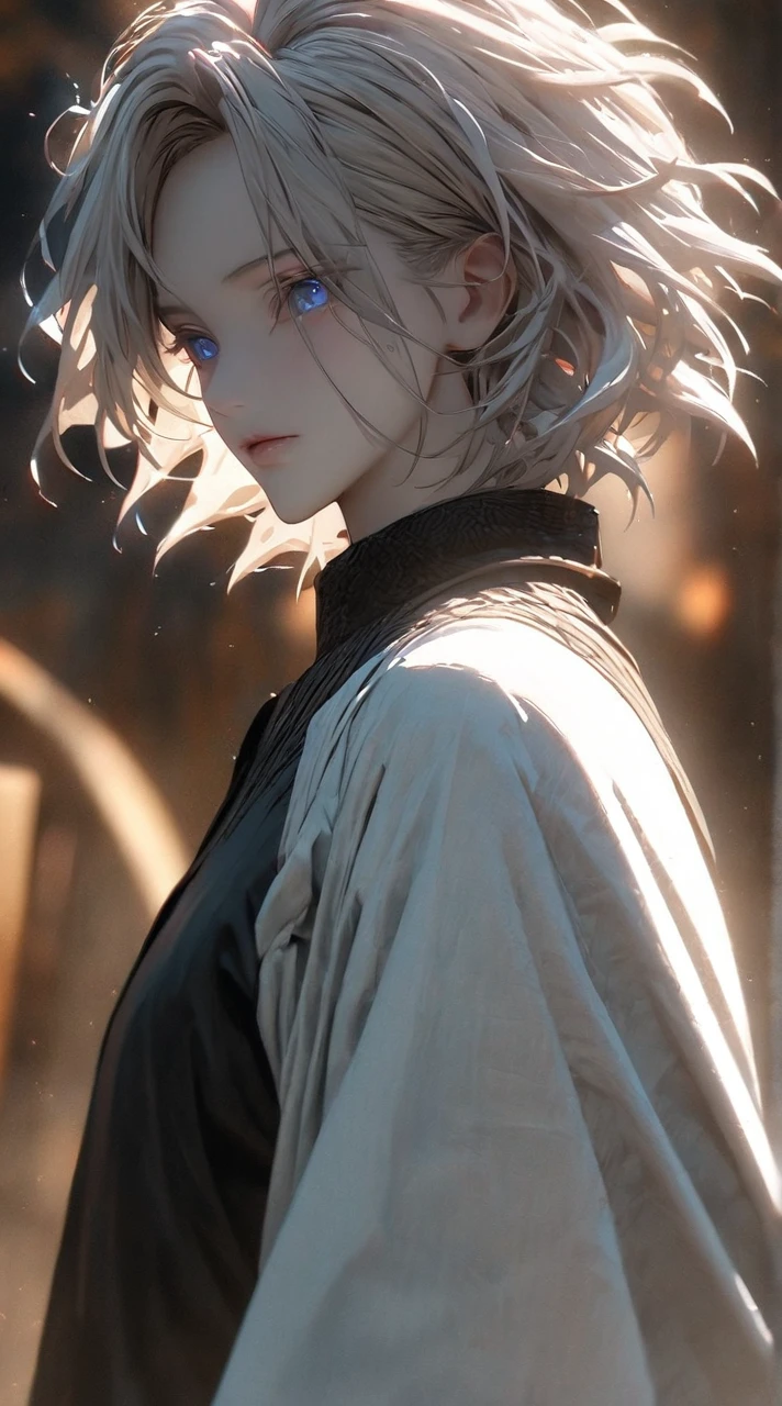 (solo), white hair, messy hair, mane hair, short hair, dense hair, wild hair, expressive hair, mature,(25 year old), pale skin, blue eyes, ((male)), wearing a black shirt, wearing a white cloak,, handsome, attractive, eye reflection, depth of field, thunder aura,cinematic lighting, ray tracing, depth of field, cinematic lighting, ray tracing, UHD, high details, best quality, highres, high quality, award winning, super detail, masterpiece, 8k, UHD, high details, best quality, highres, high quality, award winning, super detail, masterpiece, 8k, digital art, anime coloring, full body shot, body shot, good face, perfect face, detailed face, good eyes