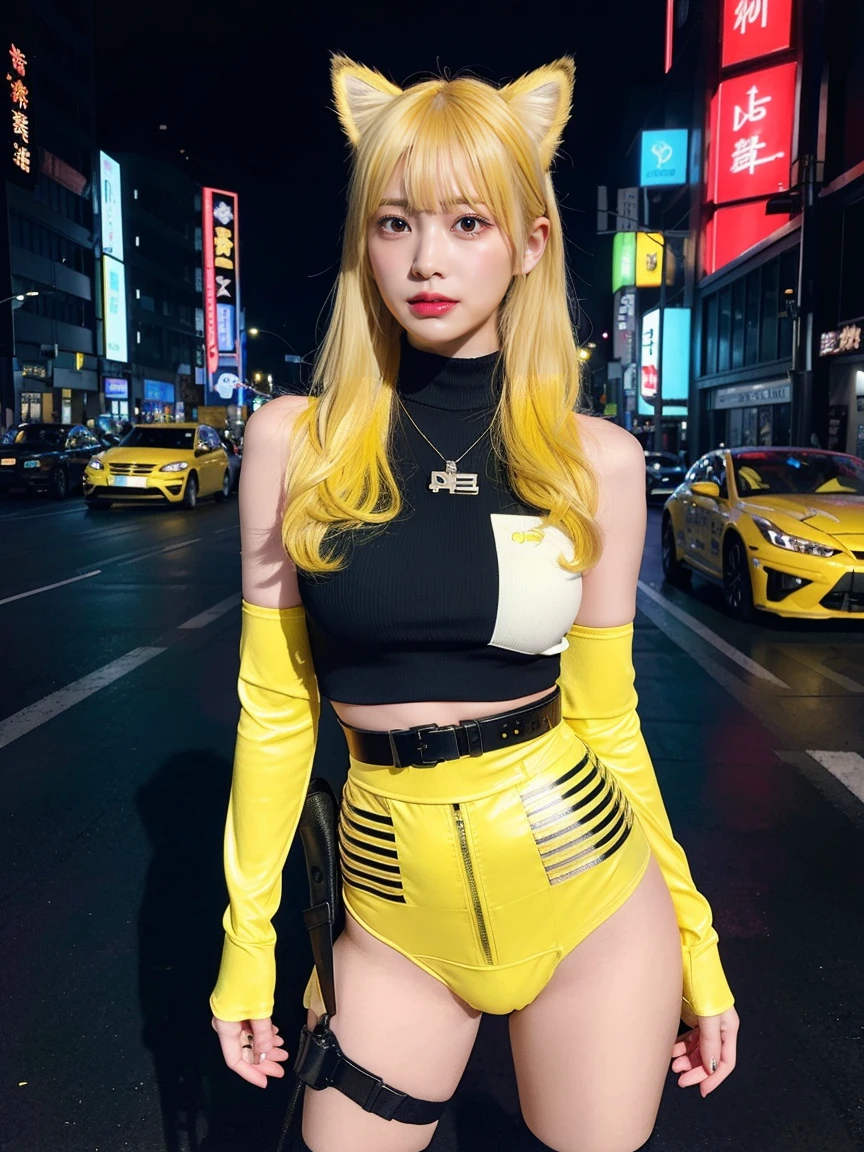 最high quality, masterpiece, 32K、Very detailed、Realistic、1 girl, Japanese women、Cute Face, (photo Actual:1.3),Bob Hair(Yellow hair color、Yellow Hair)、Edge lighting, (Skin with attention to detail:1.2), 8k超High resolution, Single-lens reflex camera, high quality, High resolution, 4K, 8k, Optimal ratio of four fingers to one thumb, (Actual:1.3), cute 1 girl, Realistic、Super Realistic、32K、Very detailed、masterpiece, 最high quality, beautiful girl, beauty、Gorgeous girl, Big Breasts, Big Ass, Tight waist, Spread your legs, Plenty of facial detail, Futuristic sexy costume, cyber punk, Yellow very long hair, City of the Future, hologram, Neon lighting, Very detailedな, High resolution, masterpiece, high quality, High resolution, Fox Ears,Wear a belt around your waist like a military or police officer.(He has handcuffs, a walkie-talkie and a baton on his belt.)、Equip your weapon、M4
