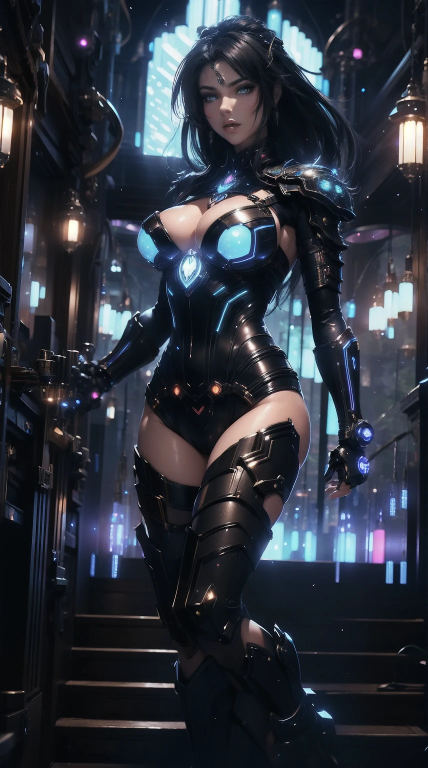 from high, high view shot, in the heart of a futuristic fantasy city, a young beautiful woman with a mecha armor, middle blue middle black hair, sexy armor, holding a large gun. in city, in the fantasy streets, sensual pose, create an atmosphere of fantasy creatures, energy and neon lights. good quality eyes, cyan eyes, ultra detailed, beautiful and aesthetically pleasing, masterpiece, 4k, ray tracing, medium body, low view, particles and hard neon sparkles, focus on blue and black color