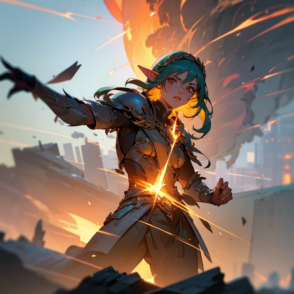 cinematic, ruined city, diverse races, elves, telianthropes, barrage of projectiles, explosions, detailed render, high quality, 8k, photorealistic, natural lighting, dramatic, dynamic composition, vibrant colors, warm color palette, intricate details, masterpiece