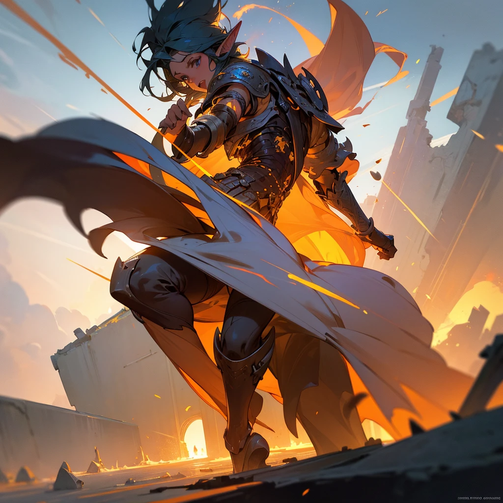 cinematic, ruined city, diverse races, elves, telianthropes, barrage of projectiles, explosions, detailed render, high quality, 8k, photorealistic, natural lighting, dramatic, dynamic composition, vibrant colors, warm color palette, intricate details, masterpiece