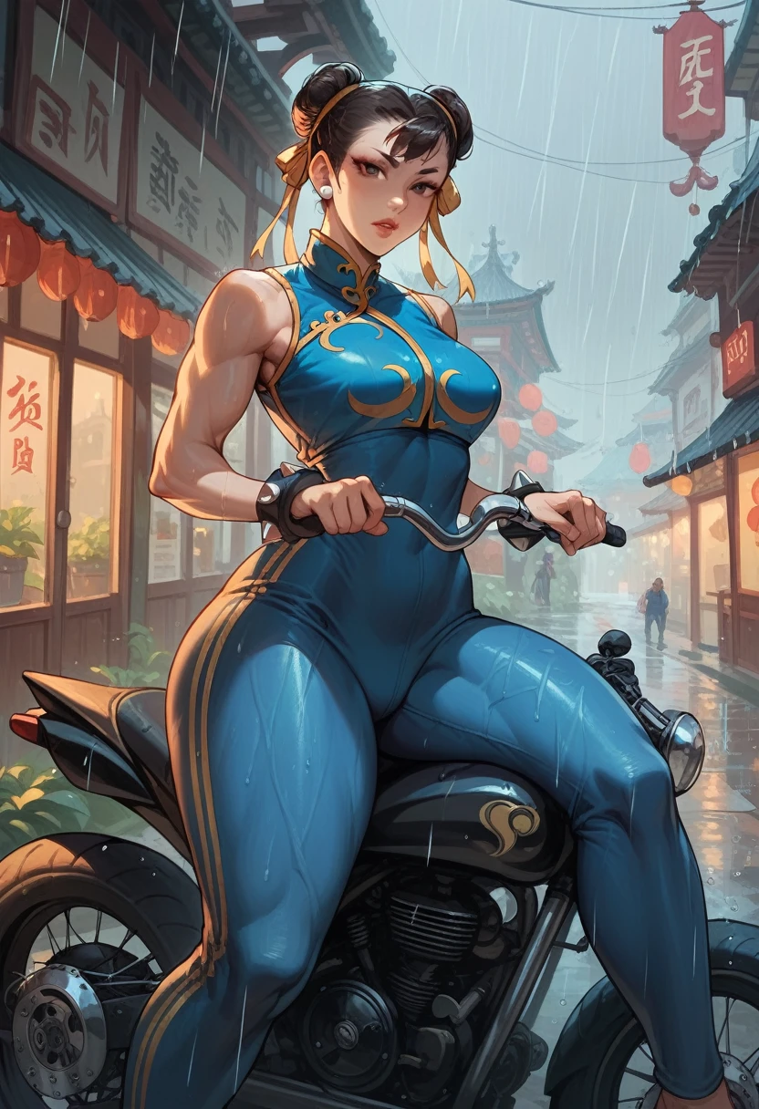 Milf Chun li, with huge thighs and small normal breasts, riding a motorcycle driven in a Chinatown to get home, raining weather, with blue clothes and blue pants