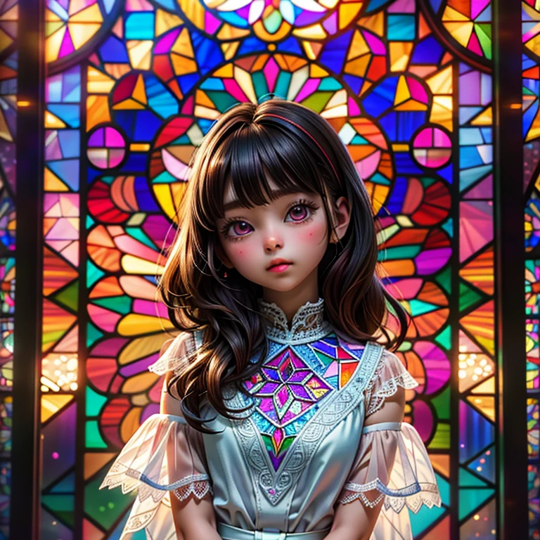 SFW , concept art, (PICHIPICHI KAWAII junior idol), (Detailed Delicate lace knitted white clothes), (nipple:-0.9), face closeup, (Elaborate stained glass Background:1.37), (((Renbutsu Misako), colorful Light shines through delicate stained glass:1.2, vivid red colors, Luminous Particles, light Particles))(Acutance:0.8). (ProfessionalPhoto:1.2),(ultra-detailed:1.37), (Extremely detailed KAWAII face variations, innocent expression variations), rosy cheeks, intricate detailed eyes with sparkling highlights, long eyelashes with volume, subtle blush on the face. Mystic sight, haze, Impeccable Radiant PearlSkin with Transparency, captivating gaze, ((Dynamic-angle)), whole Body proportions and all limbs are anatomically accurate . (Exposed:0.64) shoulder