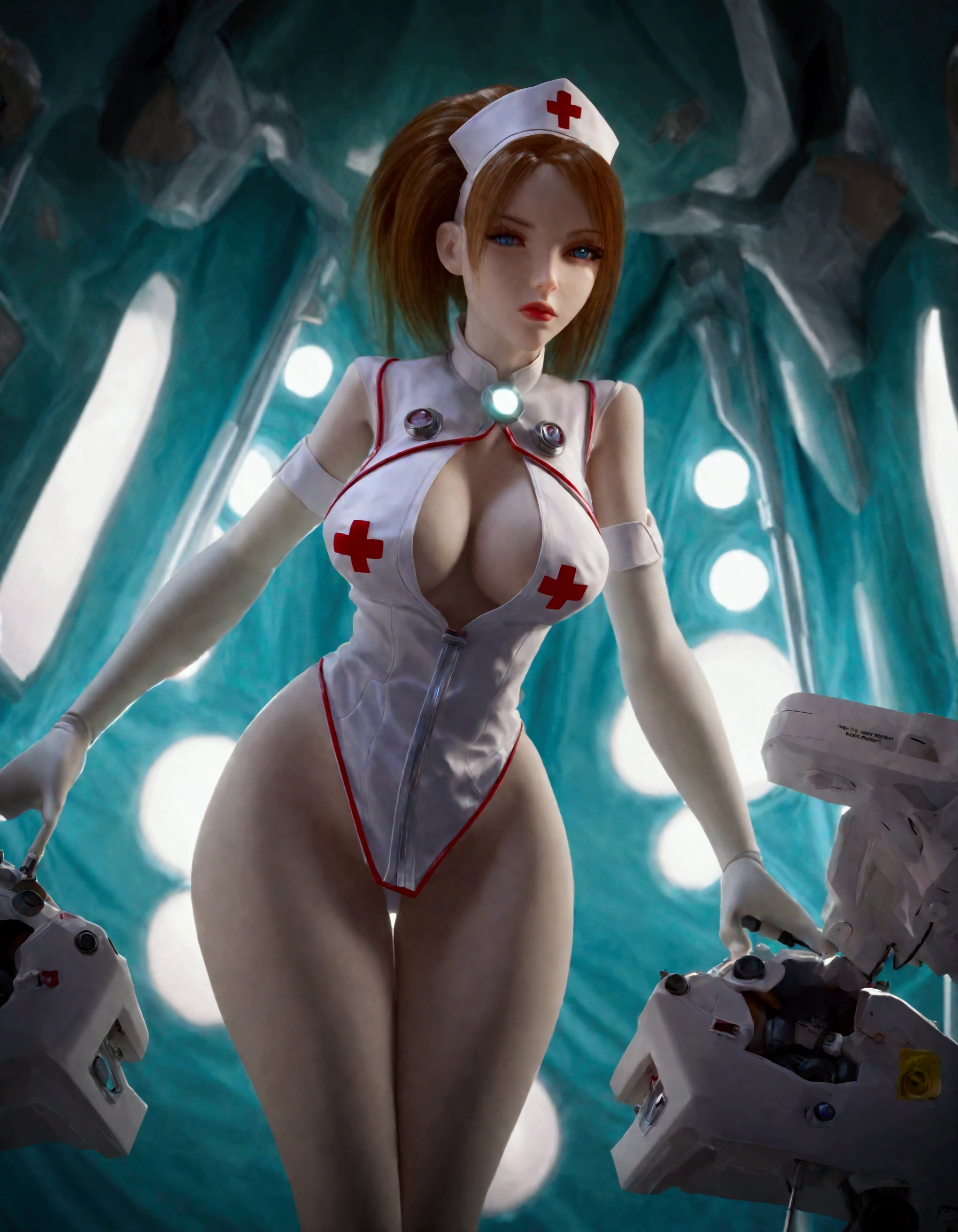 A cute android (female, obvious mechanical articulated joins, female, backlit eyes, sexy nurse styling), approaching a medical table in a sick bay, starship
