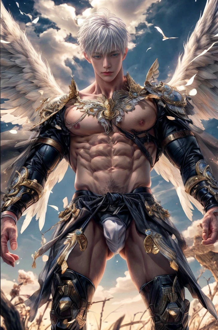 1boy, adult, handsome, perfect face, detailed eyes and face, clean shaved, muscular, capturing a rural atmosphere, dynamic lighting, unreal engine 5, hd picture, satoru gojo, white hair, short hair ,hair between eyes ,blue eyes, white skin, milk pink nipple details, Angel wings, clean armpit