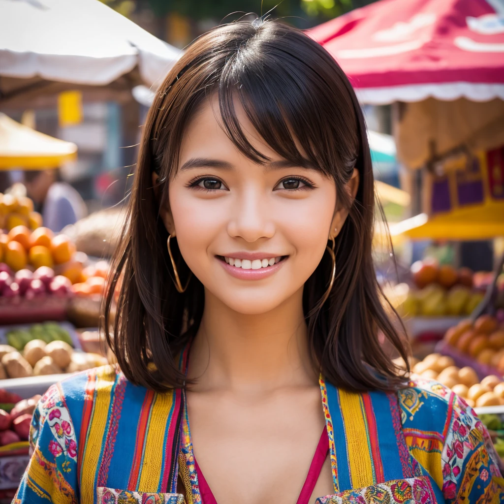 portrait of a young smiling woman, close up, exotic market background, vibrant colors, detailed stalls, diverse products, natural lighting, sharp focus, bokeh effect, realistic, highly detailed