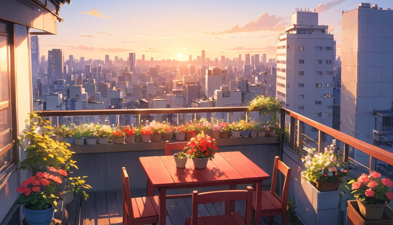 Tokyo at sunset、View from the balcony of a high-rise apartment on the top floor、Skyscrapers can be seen、The whole town is dyed red by the setting sun、Beautiful flowers are planted in pots on the balcony.、There is a small wooden table、The artwork is anime-style with vivid, bright colors.、Delicate details and soft lines and shadows、Illustrations with a calm and relaxing atmosphere