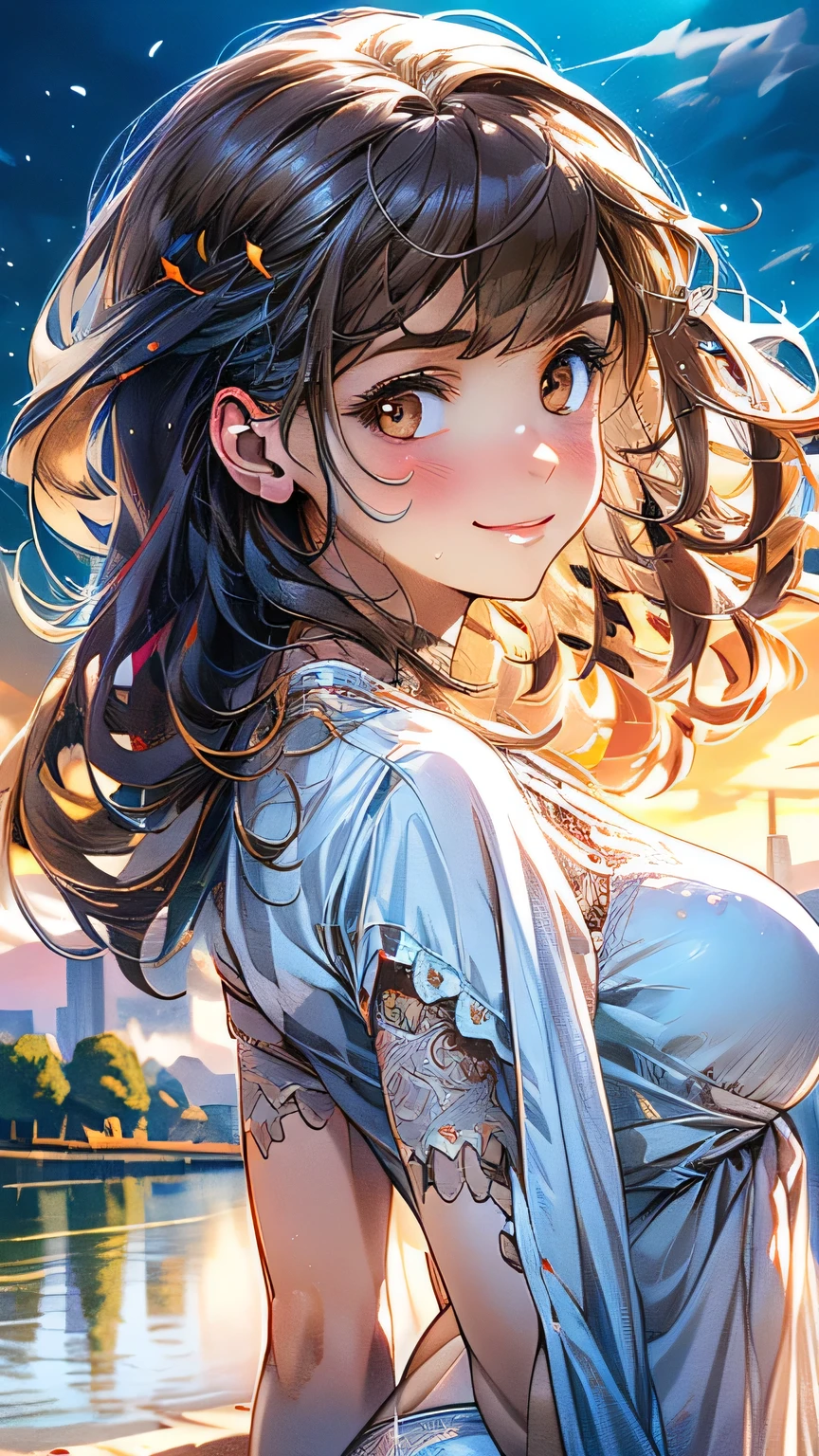 (masterpiece:1.2, Highest quality), (Realistic, photoRealistic:1.4), Beautiful illustrations, (Natural Side Lighting, Cinema Lighting),
View your viewers, 1 girl, Japanese, Junior high school girl, 14 years old, Perfect Face, cute and symmetrical face, Glowing Skin, thin,
(Mid-length hair:1.2, Half Up:1.4, Light brown hair), Asymmetrical bangs, Brown eyes, Long eyelashes, (Mid-chest:0.7),
Beautiful Hair, Beautiful Face, Beautiful details, Beautiful clavicle, Beautiful body, Beautiful fingers, (((Panties are visible))) ((Very large saggy tits)), ((In underwear、White lace underwear))((Fullback panties))Underarm , Slightly , Very large breasts, Full body angle, 14 year old woman , Thick thighs
((Detailed cloth texture)),
(Beautiful views), evening, (River side), Are standing, (cute, cute smile, Upward glance),
