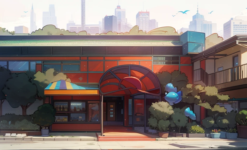 Pixar, UHD, masterpiece, retina,Restaurant entrance, glass facade, lit aquarium, green pots,,buiteful colours,Daytime scene