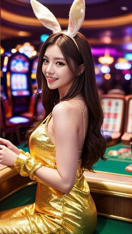「Bunny girl sitting in a crowded casino。Has long brown hair。Laughter。Wearing a golden rabbit costume。In the background, the casino&#39;s front desk is crowded with customers.。(((Several male customers are watching.)))。I focus」The details of the image、Especially the details of the eyes、Emphasis on realism。This official art Unreal 8k wallpaper is、Very detailed and beautiful、It is an aesthetic masterpiece、、Highest quality。Use of dynamic angles、Expresses elegance and romance in your images. This character has beautiful breasts、No pot、Shaped like a camel&#39;s toe。Wearing tight fishnet stockings, Ultra-high resolution, (reality: 1.4),(Spread your legs:1.4), Raise your arms behind your head, Shiny and oily body」