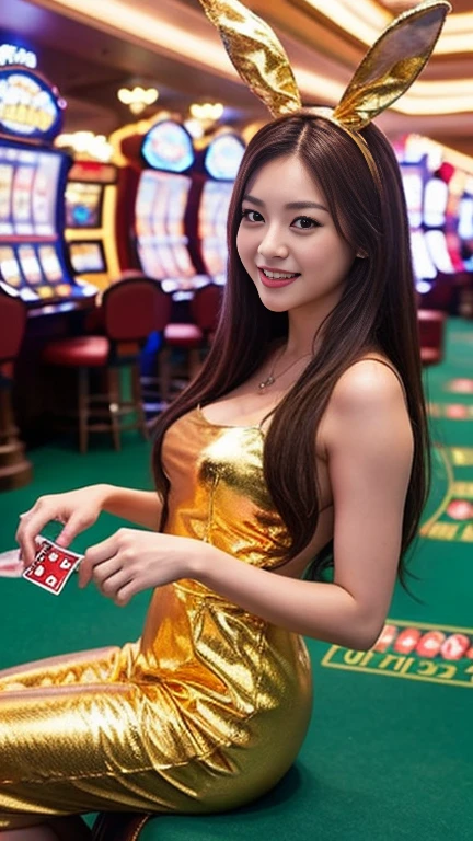 「Bunny girl sitting in a crowded casino。Has long brown hair。Laughter。Wearing a golden rabbit costume。In the background, the casino's front desk is crowded with customers.。(((Several male customers are watching.)))。I focus」The details of the image、Especially the details of the eyes、Emphasis on realism。This official art Unreal 8k wallpaper is、Very detailed and beautiful、It is an aesthetic masterpiece、、Highest quality。Use of dynamic angles、Expresses elegance and romance in your images. This character has beautiful breasts、No pot、Shaped like a camel's toe。Wearing tight fishnet stockings, Ultra-high resolution, (reality: 1.4),(Spread your legs:1.4), Raise your arms behind your head, Shiny and oily body」