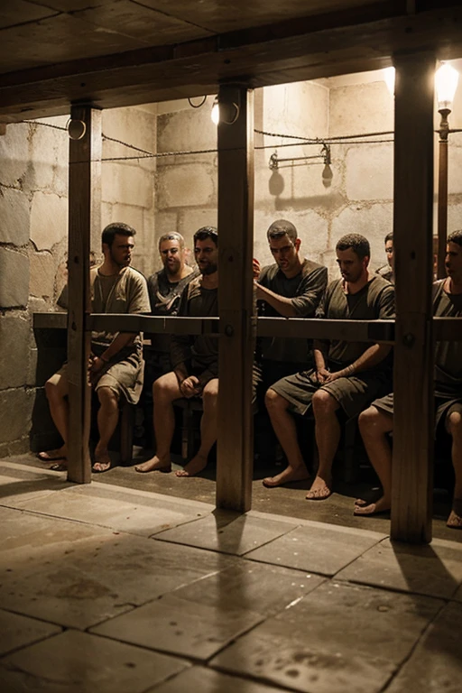 Recreate the Apostle Paul and Silas imprisoned in Philippi, but let the prison cells be seen according to the Bible in Acts 16:16-34
