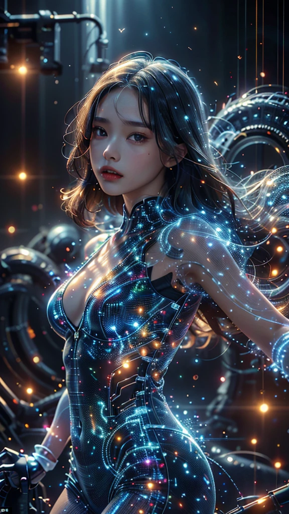 Ultra-Realistic Capture,18k,RAW Photos,Highest quality,masterpiece,reality,Very detailed,live-action,Very beautiful woman,Detailed face,Glowing Skin,Rainbow,Automata,cyber punk,18-year-old ,Model body type,slim,So many LEDs,Clothes made of light particles,Machine Skin,Electronic devices embedded in the body,transparent,Very detailedな電子機器,Connection line,Rainbow colors,非常に長いneonカラーの髪,whole body,Large Breasts,Acrobatic poses,(Raise the middle finger),neon,Long limbs,flip the bird,Stick out your tongue,