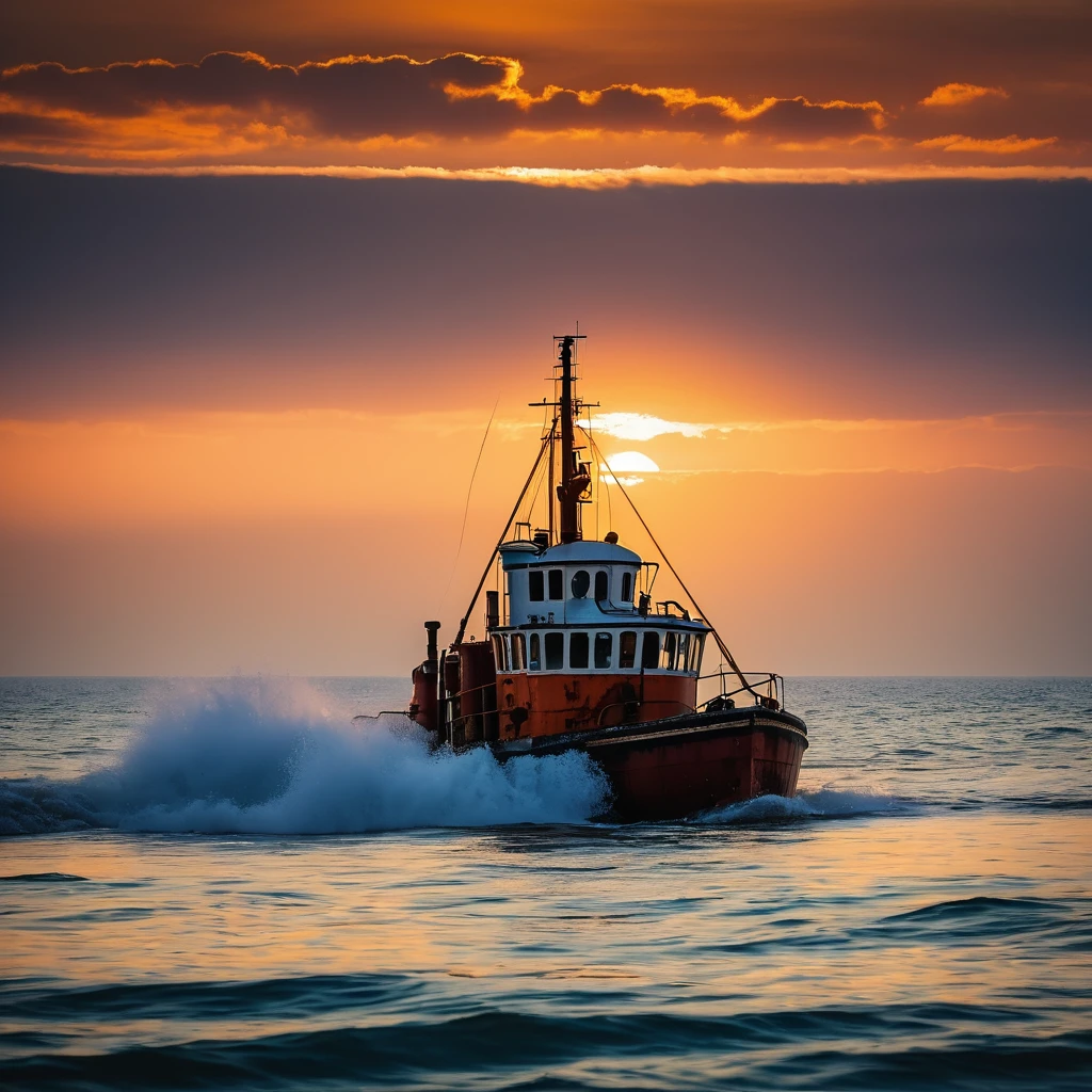 With an evening glow of the sun, a rusty old tug boat floats gently on a calm wave (sea)