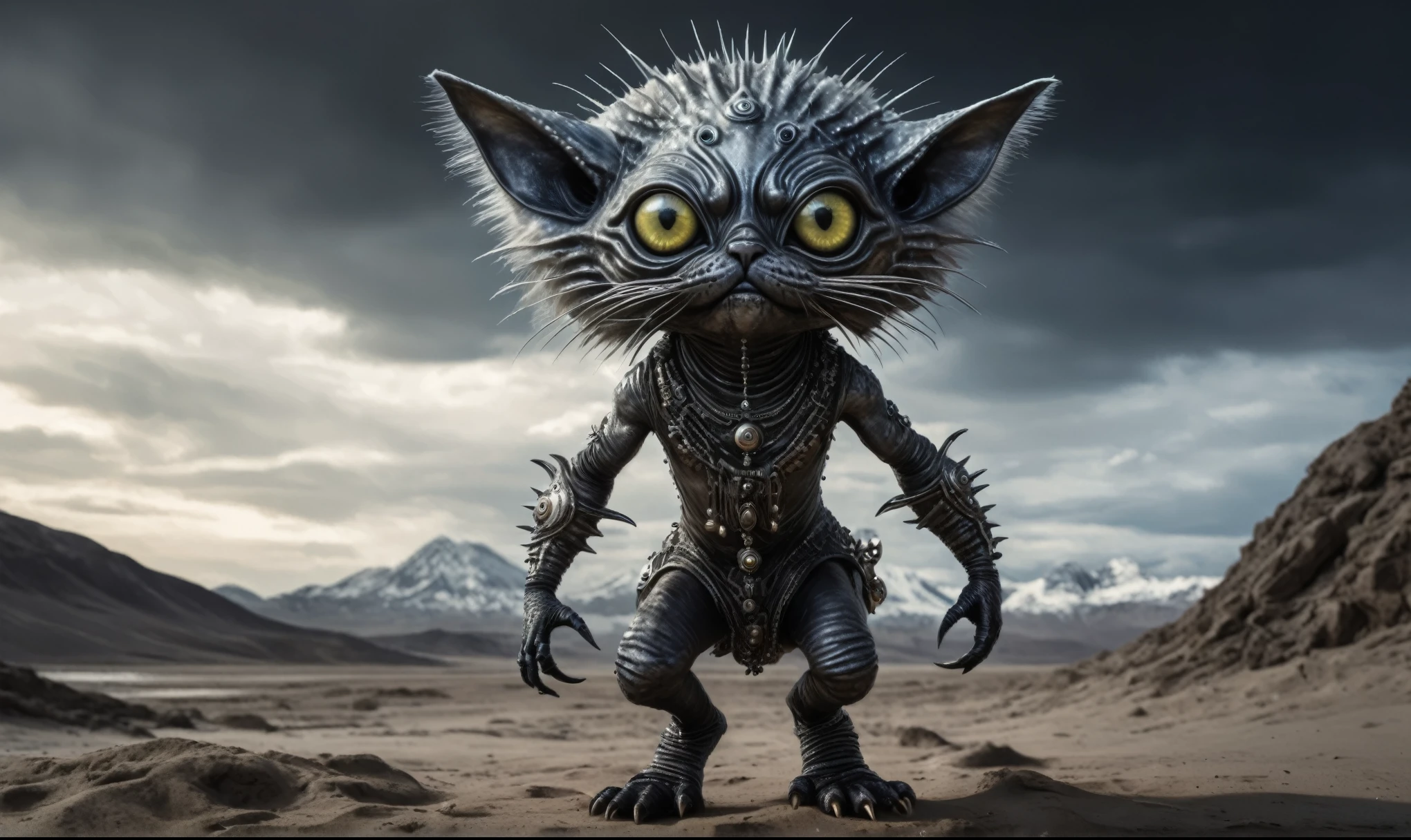 full body length shot,nerd graphite Alien Entity,native africa slave ,azctec Finnish Lapland,Cinematic,soft colors, Technicolor,natural skin textures, hyper realism, hyper detailed,Extremely detailed,High contrast,Masterpiece,Realistic,Ultra Detailed, intricate details,realistic humid leather,extremely intricate details,Epic Realistic, cinematic style, irina yermolova,high contrast,hdr,extremely detailed,day landscape,masterpiece, intricate details, eyes extremely detailed, high detailed eyes,8k resolution,retina, Nikon Z9,Korea,orc,Egypt, Pisces, transition between two art styles,full body length, Double contact, X-ray, Creative, vivid light, fantasy, Abstract, Surrealism, super detailed, high resolution,insanity national folk wear,skin almost translucent, gothic elements,Mestichino,Light particles,chaos,starfish's leather,"(The best lighting, dark, dramatic),(Persian alien cat half-skull fetus, Hellraiser, Scars, , psy brain,terror.),(fish eyes, calaveras