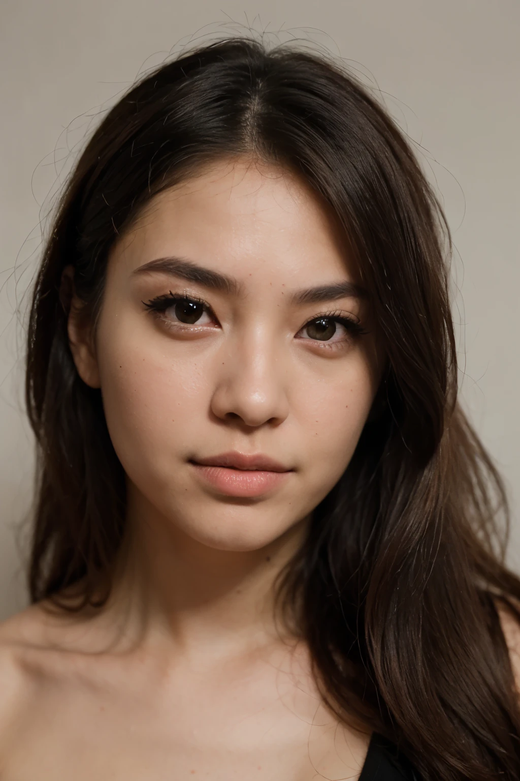 Think like a professional photographer, create an 85 mm DSLR color photograph of a very detailed portrait that fits the entire head and hair in the frame as if it were for an ID photo, the photo has to be hyper-realistic (best quality), (masterpiece), (detailed), (large eyes), (latina), (chinese hair), (sharp nose), (medium complexion), (eyes the color of honey), (Dominant)