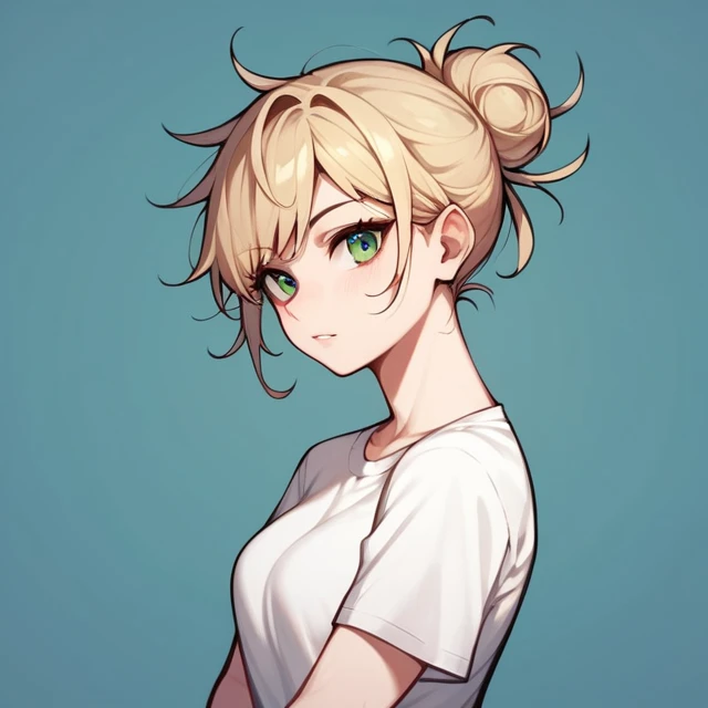 Fraction_9, Fraction_8_up, Fraction_7_up, Fraction_6_up, Fraction_5_Direction_4_up, src_Japanese cartoons, 1 Girl, Blonde Hair, Hair Bun, Green Eyes, Wanchain, Stretch out your arms, Messy hair, White shirt, jeans, Dungeons, best quality, Optimal resolution, 4k ultra high definition,
 