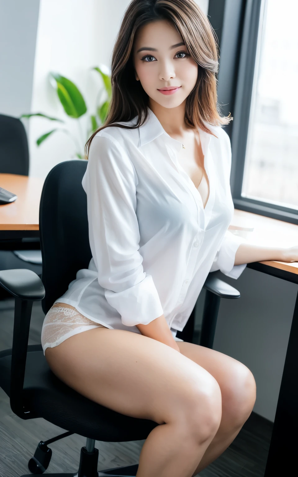 ((Highest quality, 8k, masterpiece, Portraiture: 1.3)), (View your viewers),Realistic, Sharp focus, Glare, Beautiful Japanese office lady, White shirt, Clothes that reveal cleavage, 28 years old, Wavy Hair, ((double eyelid, eyelash, Lip gloss)), ((Sit with your legs wide apart in your office chair:1, Raise both knees)), (Loose waist:1), (Leg spread:1.2), (Showing panties), (Open your mouth:0.7), (smile:0.5), ((Open your mouth:1)), Empty office room in the dark,
