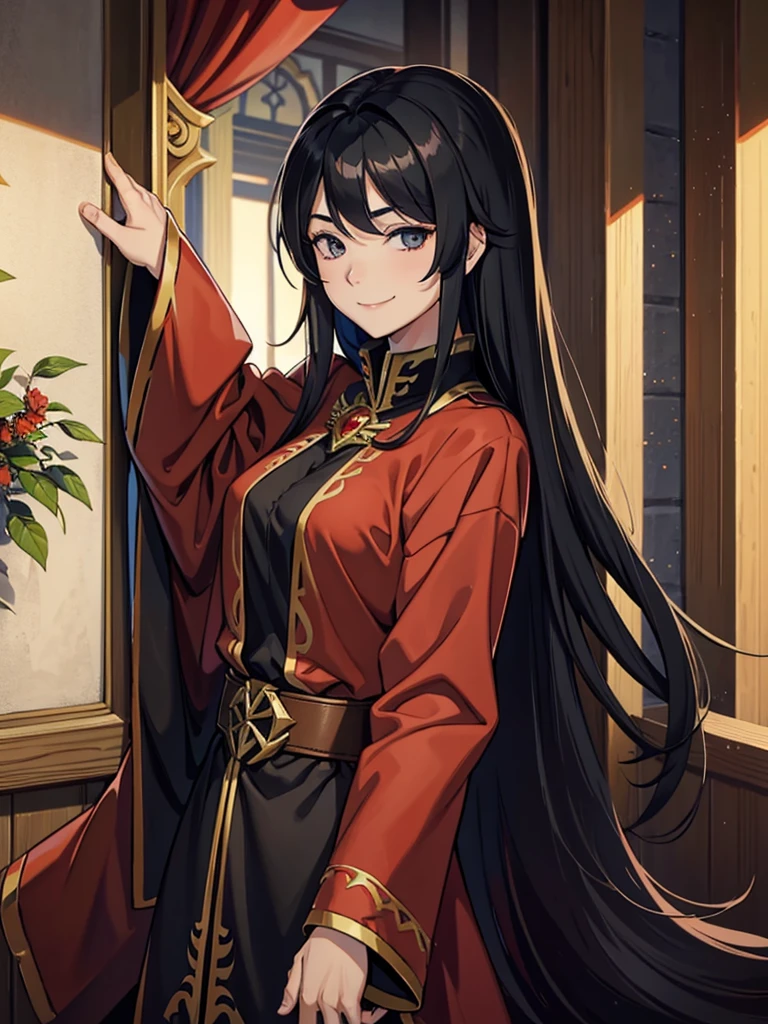 Fantasy,One Man,Long black hair,Red clothing with wide sleeves,Smiling Kindly