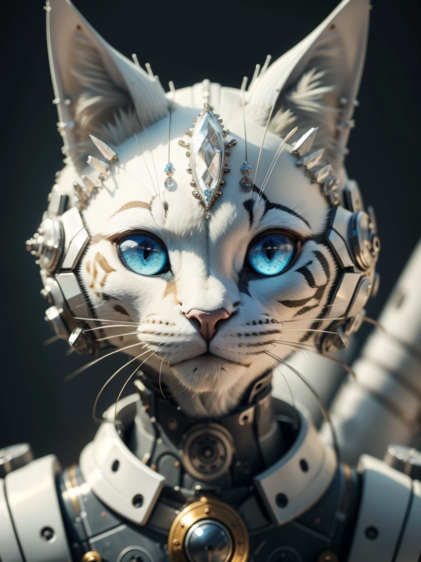 best quality, masterpiece, portrait of a hybrid woman cat, robot cat,beautiful detailed face, white background, soft light, hyperrealistic, intricate, highly detailed 8k white backup 