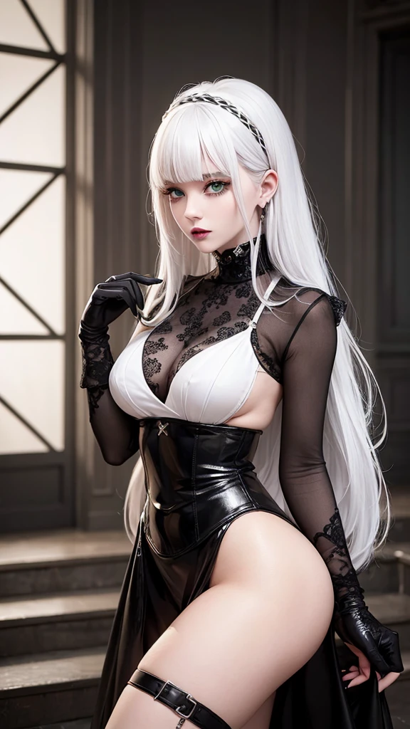 girl with white hair,with bangs, black gloves, green eyes, goth, top and skirt, 4K, masterpiece, perfect body, stem,perfect eyes, perfect shading, perfect lighting, best quality, work of art, ultra detailed, detailed clothing