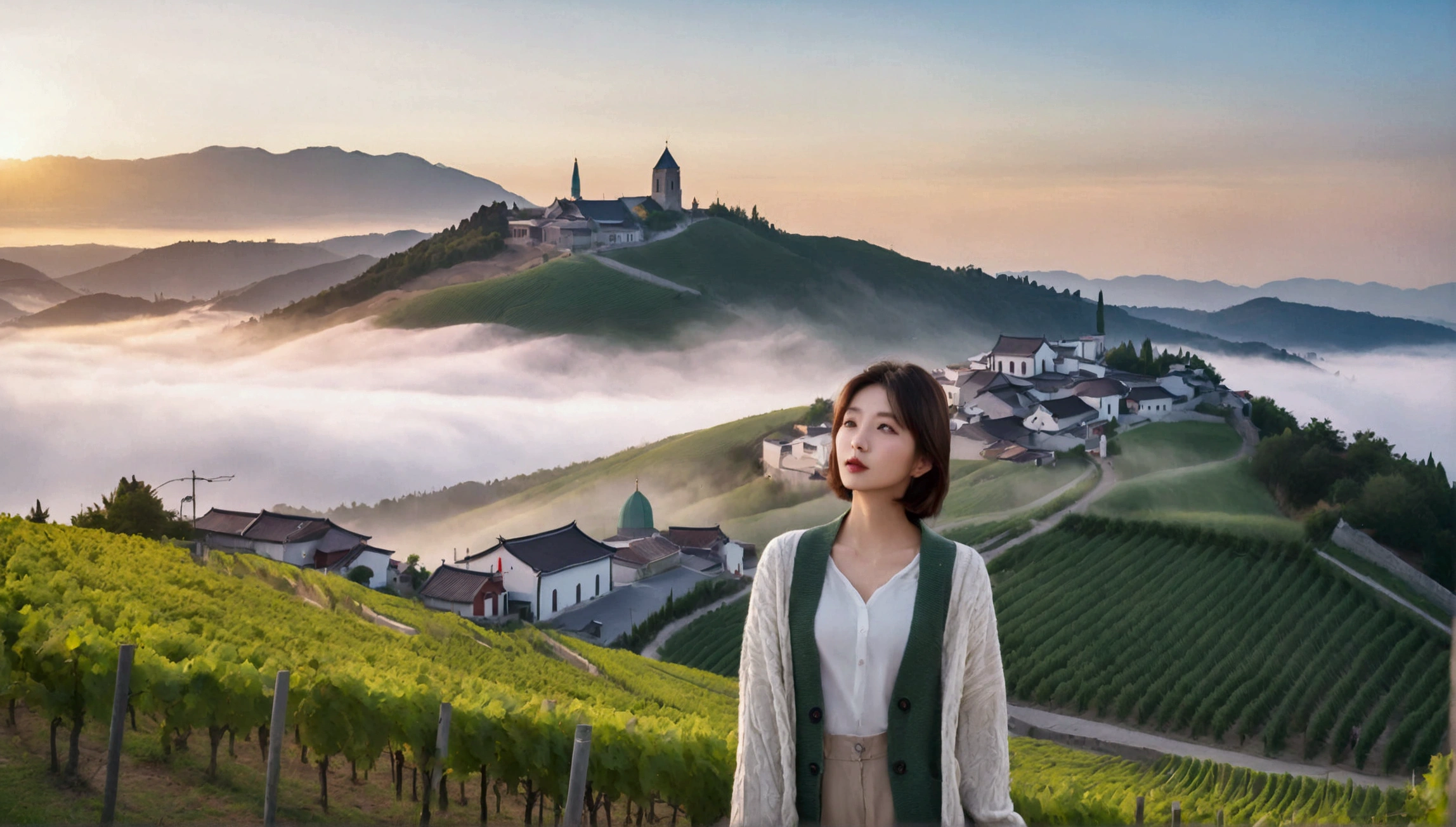 Intentional quality, In 8K, 32K, Photo of a beautiful 36-year-old Korean woman, short medium hair, Inspired by Son Ye-jin, whole body, face focus, Shirt that goes up to the neck and a short cardigan from a luxury brand, beige casual pants, Italian countryside vineyard background, Ranged、make a happy face, 새벽 진한 한개속 The cathedral is visible in the distance, There is thick fog, path, looking up the side, Wear a shirt that covers your chest, The cathedral is visible in the distance, Photo of endless vineyard scenery, look up the side. thick dawn fog, Well-groomed hair, Photo of an elegant and modest woman, Endless vineyards, Vivid picture quality, Clear picture quality, 언덕 위 path, 1 woman, colonnade가 있는 휘어진 path 언덕에서 바라본다. colonnade, The waist area is visible. 휘어진 path에 서있다, colonnade가 있는 어덕길에 서있다, Looking down on the vineyard from the hill, The cathedral is visible in the distance,, 휘어진 path, White shirt and short Myeongmum brand cardigan, three-dimensional shape of grape leaves, Wide angle lens close-up shot, Express your fingers carefully, Express your fingers accurately