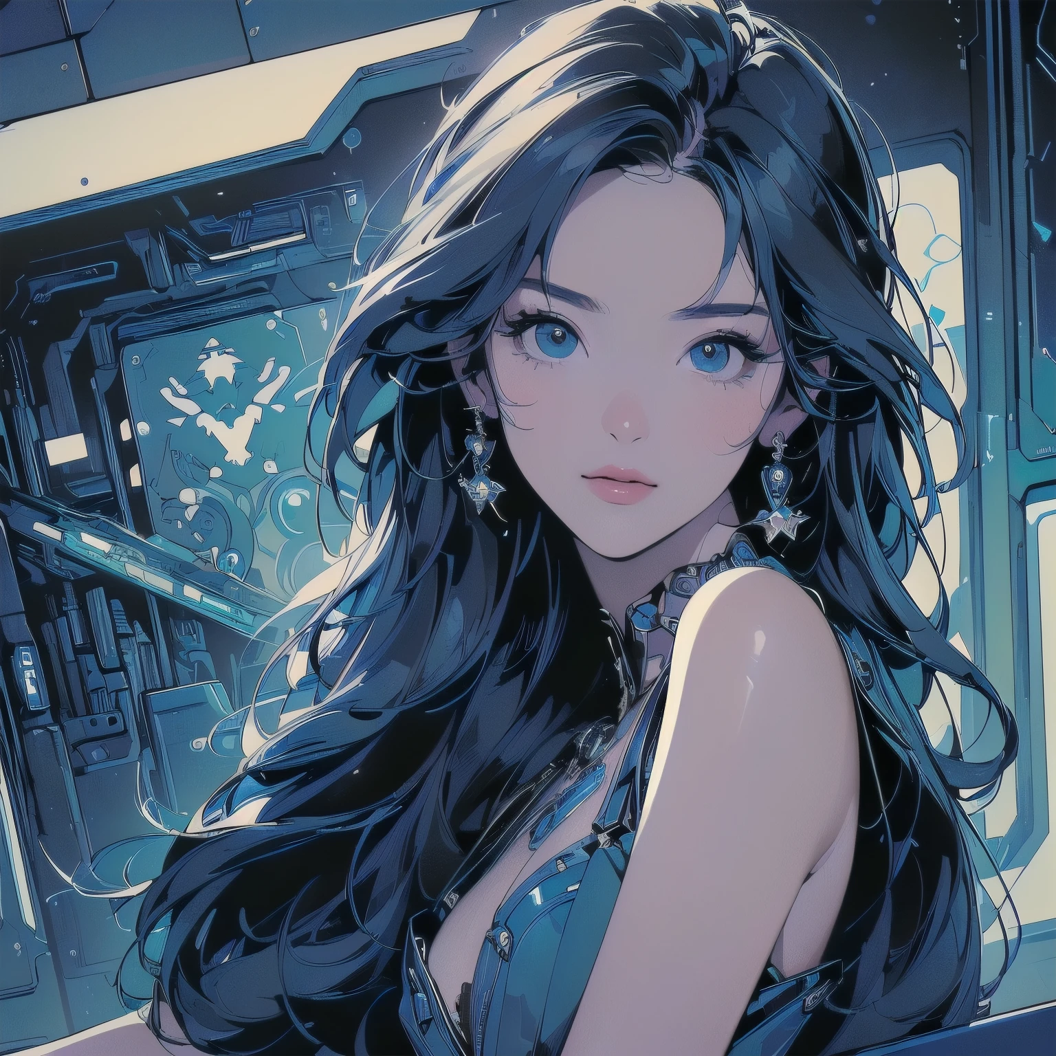 (((masterpiece, Highest quality)))、(((32K Wallpapers)))、The most detailed machine、(((The most complete and detailed blue futuristic machine and a woman)))、The most detailed background、(((Flat Chest)))、(((Surrounded by many complex, sophisticated, futuristic machines)))、head shot,((((more various angle))))、((Overall colorfully))、A perfect machine、Perfect Face、(((The most complete machine of the future)))、Sparkling Eyes