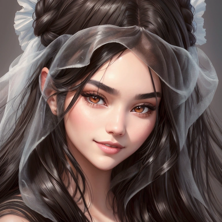  woman with long black hair posing for a photo, madison beer girl portrait, photorealistic digital painting, Detailed beauty portrait, hyperrealistic digital painting, hyperrealistic digital painting, soft portrait 8k, Beautiful photorealistic face, ultra realistic digital painting, Digital art. realistic photo, Ultra detailed portrait, hyper realistic Digital art, with brown eyes, on the plain, sensual, smile