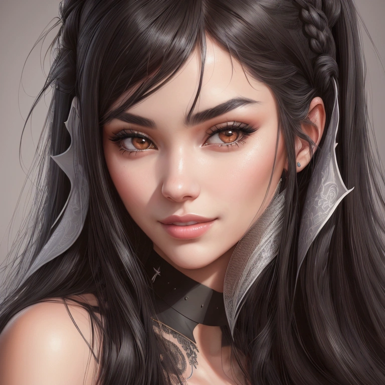woman with long black hair posing for a photo, madison beer girl portrait, photorealistic digital painting, Detailed beauty portrait, hyperrealistic digital painting, hyperrealistic digital painting, soft portrait 8k, Beautiful photorealistic face, ultra realistic digital painting, Digital art. realistic photo, Ultra detailed portrait, hyper realistic Digital art, with brown eyes, on the plain, sensual, smile