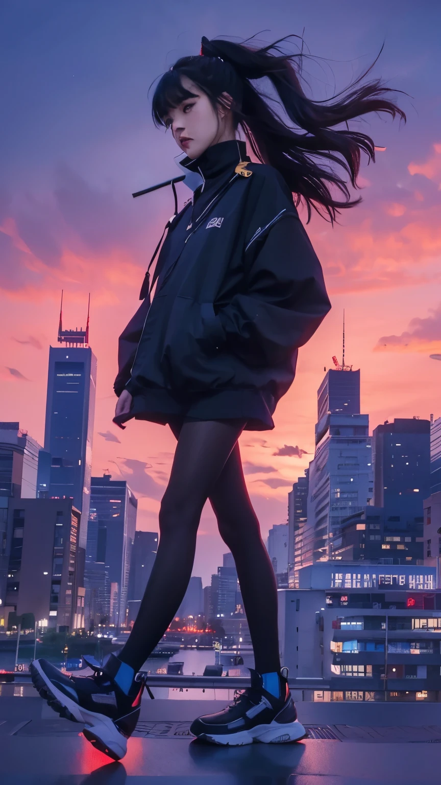 Kanau tsuyuri, demon slayer, black hair, ponytail with bangs, blue eyes, modern city background, aestetic night effect, detailed hand detailed face, detailed eyes, ultra-realistic, ultra-detailed, bestquality, masterpiece.