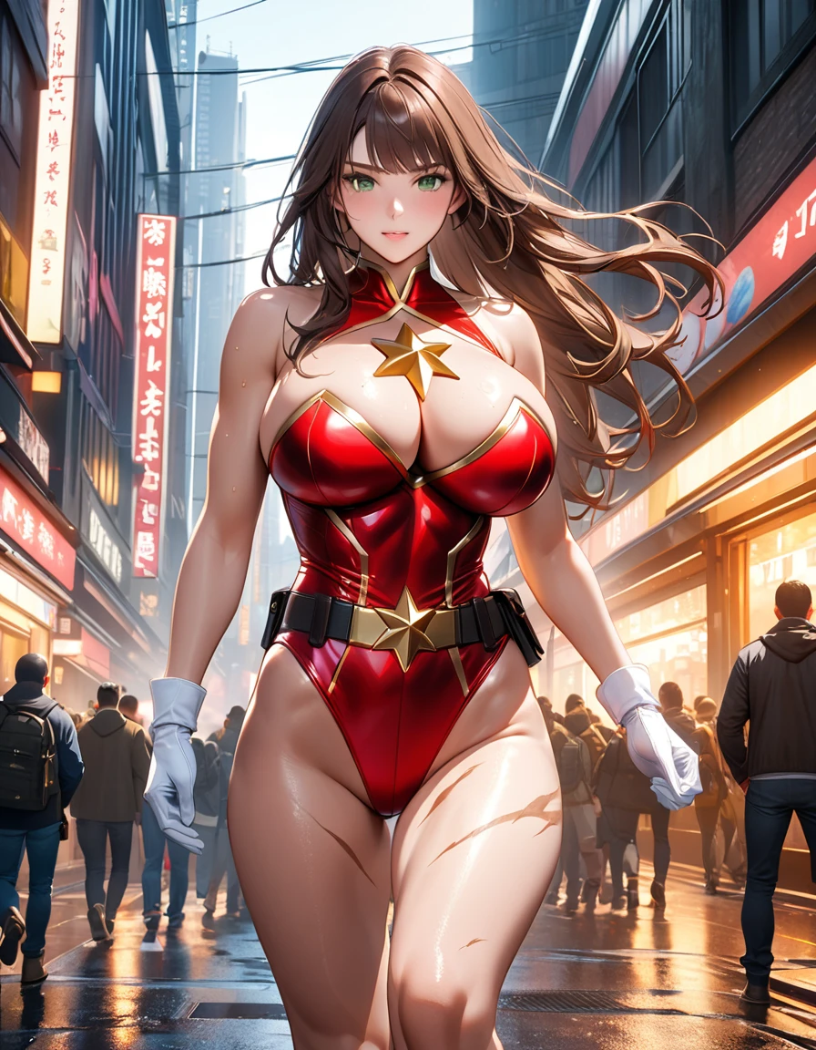 (masterpiece), (Highest quality), (High resolution), Big breasts,, ((leotard, white and red leotard, matching leotard, No sleeve, barefoot)), ((Tight belt, Gold Belt)), ((boots, matching boots, ankle-high boots, white boots)), ((gloves, white gloves)), Urban Background, tokyo Urban Background, alone, alone focus, dynamicなファイティングポーズ, (whole body), Cowboy Shot, Superhero, ((Beautiful attention to detail)), ((Gold star symbol on chest)), (Brown Hair, Long Hair,Green Eyes),(Perfect hands, Perfect Anatomy), Superhero, ((Beautiful attention to detail)), whole body costume design.Sweat,dynamic,dynamic,big breast,very big breast,During the game,Battle Scenes,Dark atmosphere,scar,Unreal Engine 5 Photorealistic Rendering, Game Characters, Role Player,Pretty face,Body Hyper Reality, Thick muscles, Moisturized and radiant body,hell,Combat pose