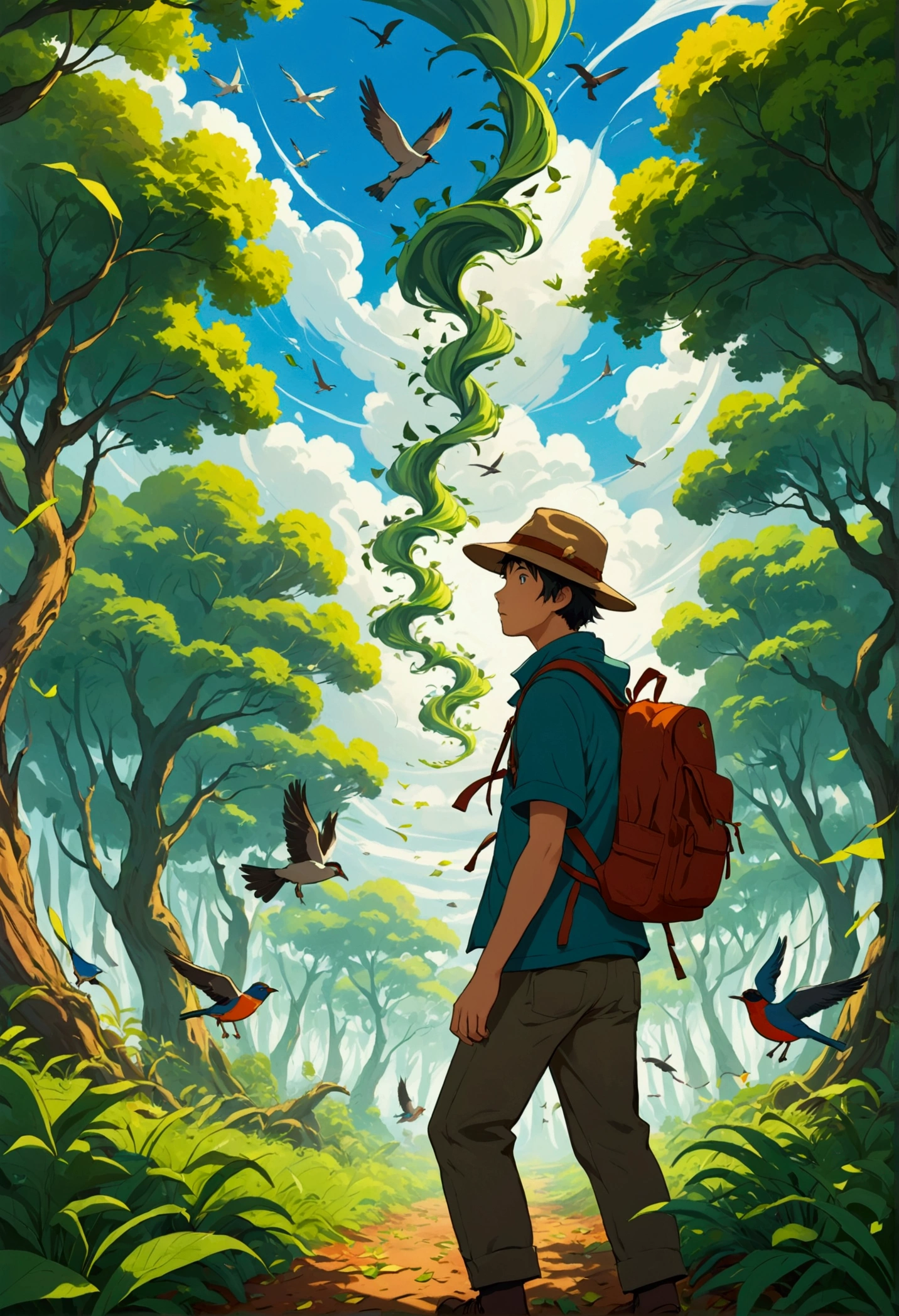A man wearing a hat、The adventurer with a backpack stands in the center, Swirls of leaves and birds, Anime-style illustrations show the power of wind on nature. Leaves spinning on the tree,Different birds flying in the sky,Bright colors capture energy. This artwork combines fantasy and realism,Focus on dynamic movement, Create a visually engaging scene,A cartoon-style illustration of a forest tornado.