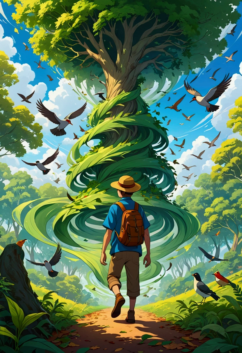 A man wearing a hat、The adventurer with a backpack stands in the center, Swirls of leaves and birds, Anime-style illustrations show the power of wind on nature. Leaves spinning on the tree,Different birds flying in the sky,Bright colors capture energy. This artwork combines fantasy and realism,Focus on dynamic movement, Create a visually engaging scene,A cartoon-style illustration of a forest tornado.