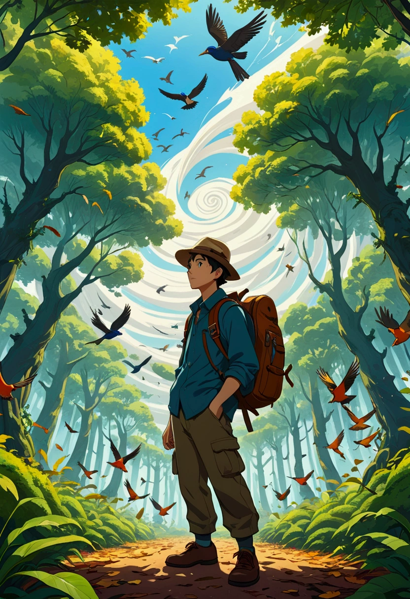 A man wearing a hat、The adventurer with a backpack stands in the center, Swirls of leaves and birds, Anime-style illustrations show the power of wind on nature. Leaves spinning on the tree，Different birds flying in the sky，Bright colors capture energy. This artwork combines fantasy and realism，Focus on dynamic movement, Create a visually engaging scene，A cartoon-style illustration of a forest tornado.
