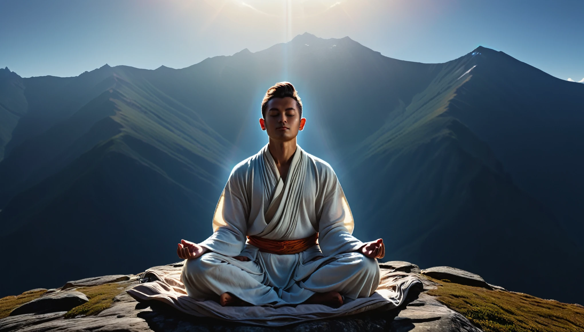 Very detailed image of a person meditating on top of a mountain. Loose Clothes. cinematic lighting