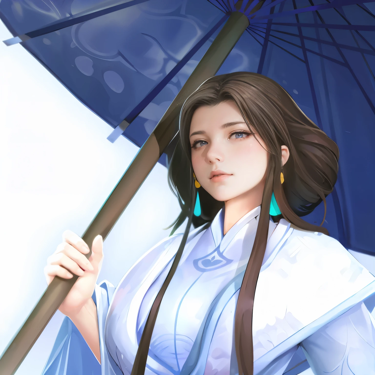 Fairy holding an umbrella，Blue long skirt，Look at the camera，Beauty，Oval face，Overlooking，Tsundere expression，prettyeyes，Pretty Face， 