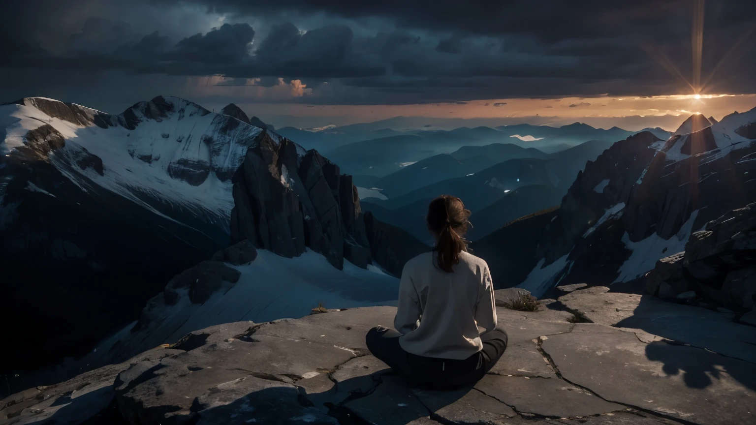 Highly detailed image of a person meditating on top of a mountain, on a clear day. Loose Clothes. cinematic lighting.