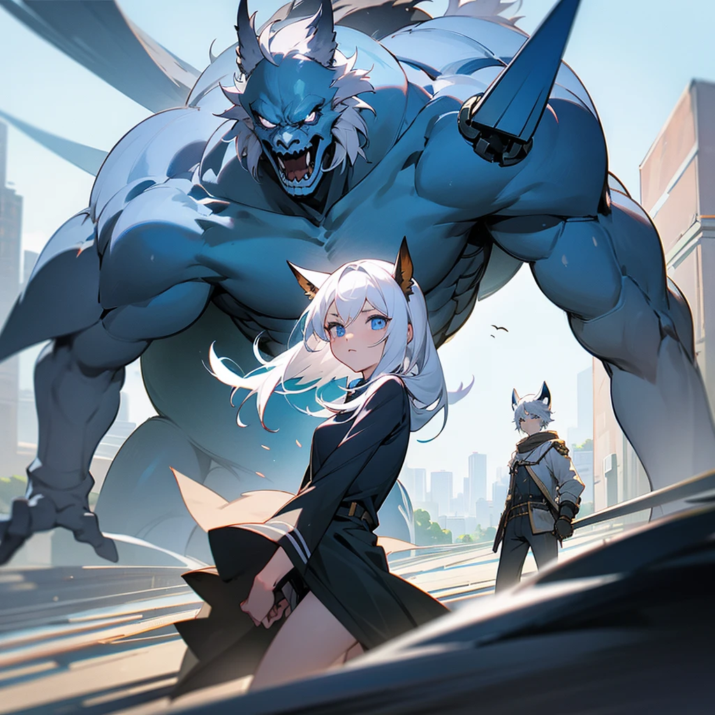 kinematics, girl and boy with white hair-blue eyes, entering the city of beastmen, 