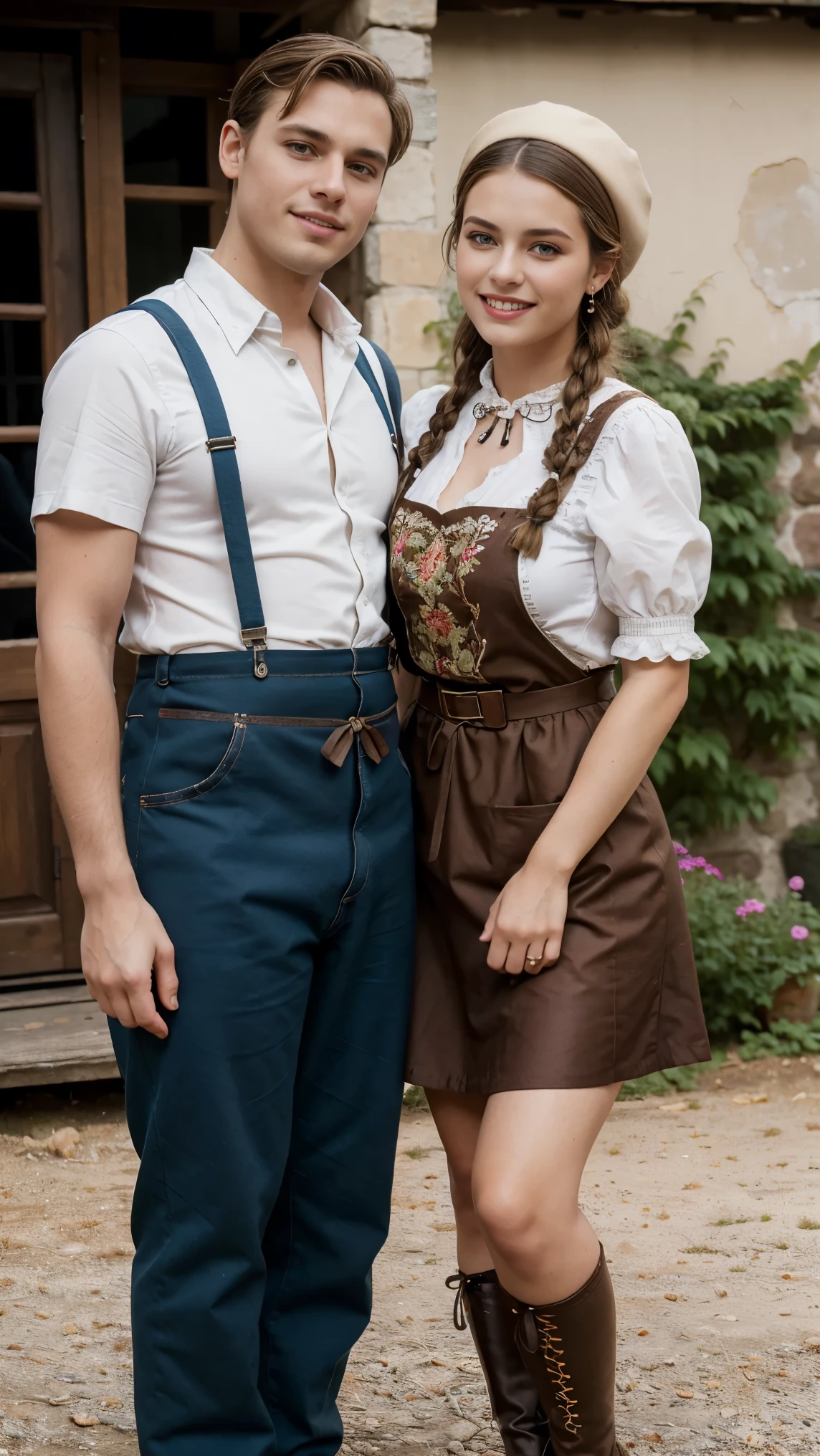 front view, 1 boy and 1 girl is exist, (1 man are dressed in Lederhosen, which are short knit pants with suspenders, often decorated with embroidery:1.3), 1 girl is 20 years-old, (brown hair ,double braid, smile), (2 people is Tyrol hat with edelweiss), slime body, traditional German costumes from the 1930s. (The women are wearing embroidered Dirndls, which include a close-fitting bodice with a low neckline, a blouse worn under the bodice), (Black wide high-waisted knit skirt, An ankle-length skirt ), (White apron, flower arrange embroidered apron), traditional shoes, The setting is a rural village during a festival, with people engaging in traditional activities and celebrating their heritage , textured skin , HI detailed skin, (foreshortening, Canon, 8K, anatomically correct, super detail, high details, highness)