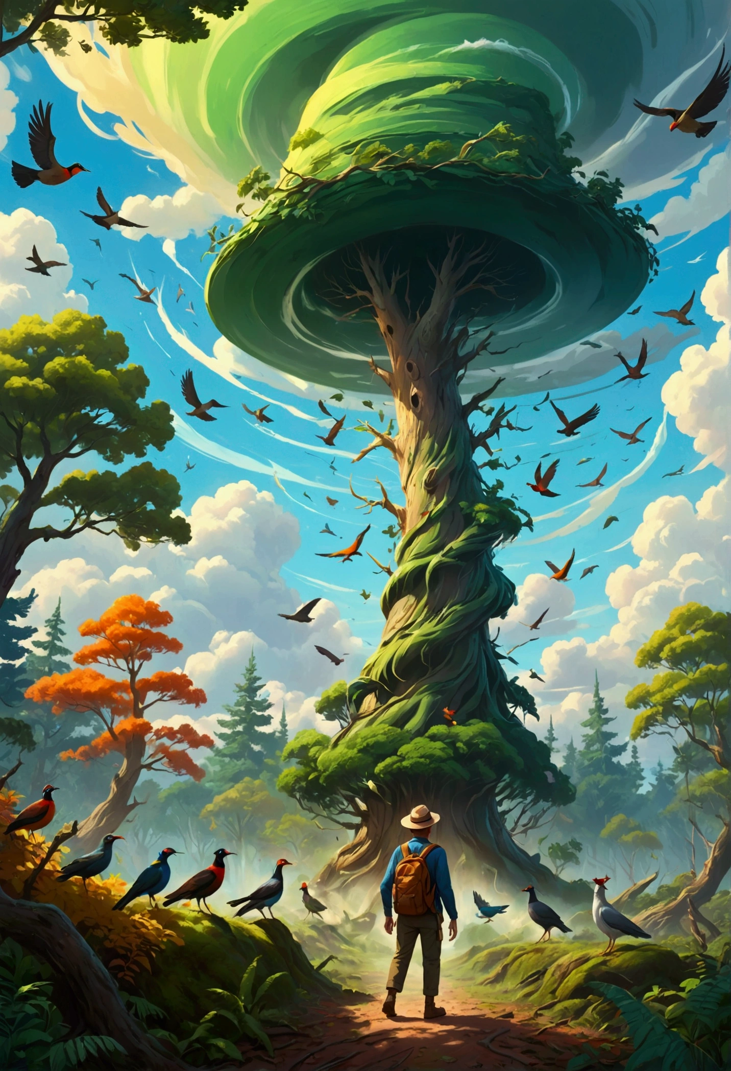 A man wearing a hat、The adventurer with a backpack stands in the center, Leaves spinning on the tree,Different birds flying in the sky,Bright colors capture energy. This artwork combines fantasy and realism,Focus on dynamic movement, Create a visually engaging scene,A cartoon-style illustration of a forest tornado.
