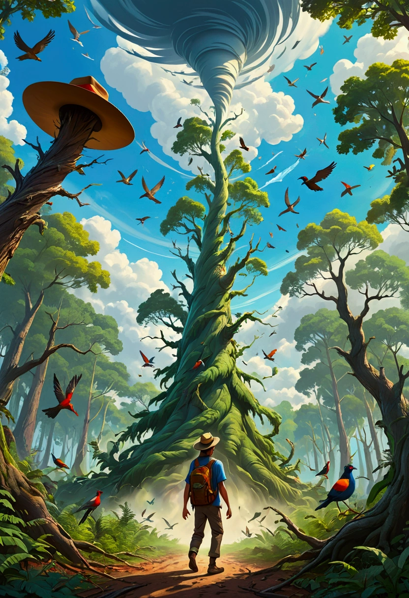 A man wearing a hat、The adventurer with a backpack stands in the center, Leaves spinning on the tree，Different birds flying in the sky，Bright colors capture energy. This artwork combines fantasy and realism，Focus on dynamic movement, Create a visually engaging scene，A cartoon-style illustration of a forest tornado.