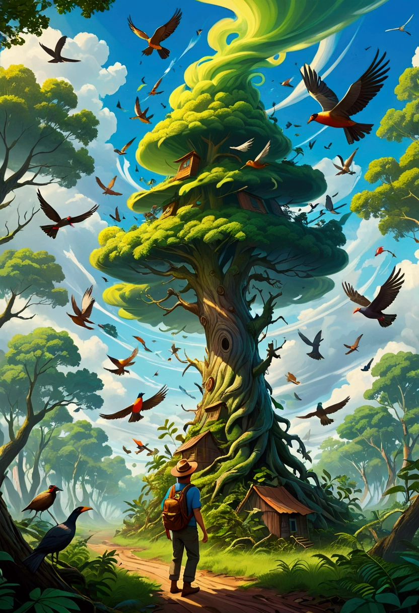 A man wearing a hat、The adventurer with a backpack stands in the center, Leaves spinning on the tree，Different birds flying in the sky，Bright colors capture energy. This artwork combines fantasy and realism，Focus on dynamic movement, Create a visually engaging scene，A cartoon-style illustration of a forest tornado.