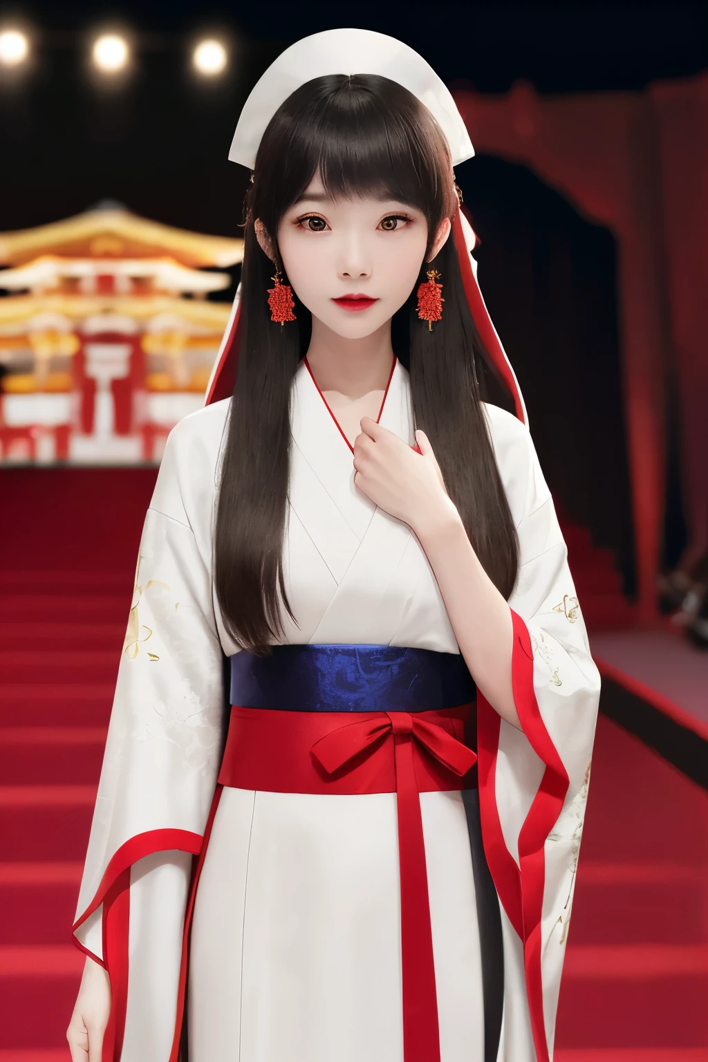 a high resolution, absurd, masterpiece, best quality, original, extremely detailed CG, very detailed wallpaper, perfect lighting, looking at the audience, empty hands, standing on a stage, 1 girl, blurred background, Priestess Tela'annas, black hair, long hair, Japanese-style dress, shrine maiden, white dress