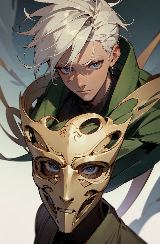(Top quality details:1.22), 4K High Resolution, Super detailed, High-quality texture, Intricate details, Detailed Texture, In detail, High detail, High Quality Shadows, Beautiful face down to the last detail, Beautiful and kind eyes, Depth of written boundary, human, Adult, man, male, darked skinned, 1 boy, Doctor coat, Ekko from Arcane weaing a mask 