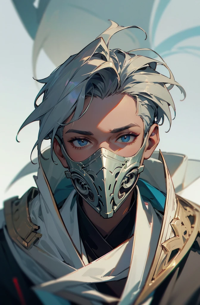 (Top quality details:1.22), 4K High Resolution, Super detailed, High-quality texture, Intricate details, Detailed Texture, In detail, High detail, High Quality Shadows, Beautiful face down to the last detail, Beautiful and kind eyes, Depth of written boundary, human, Adult, man, male, darked skinned, 1 boy, Doctor coat, Ekko from Arcane weaing a mask
