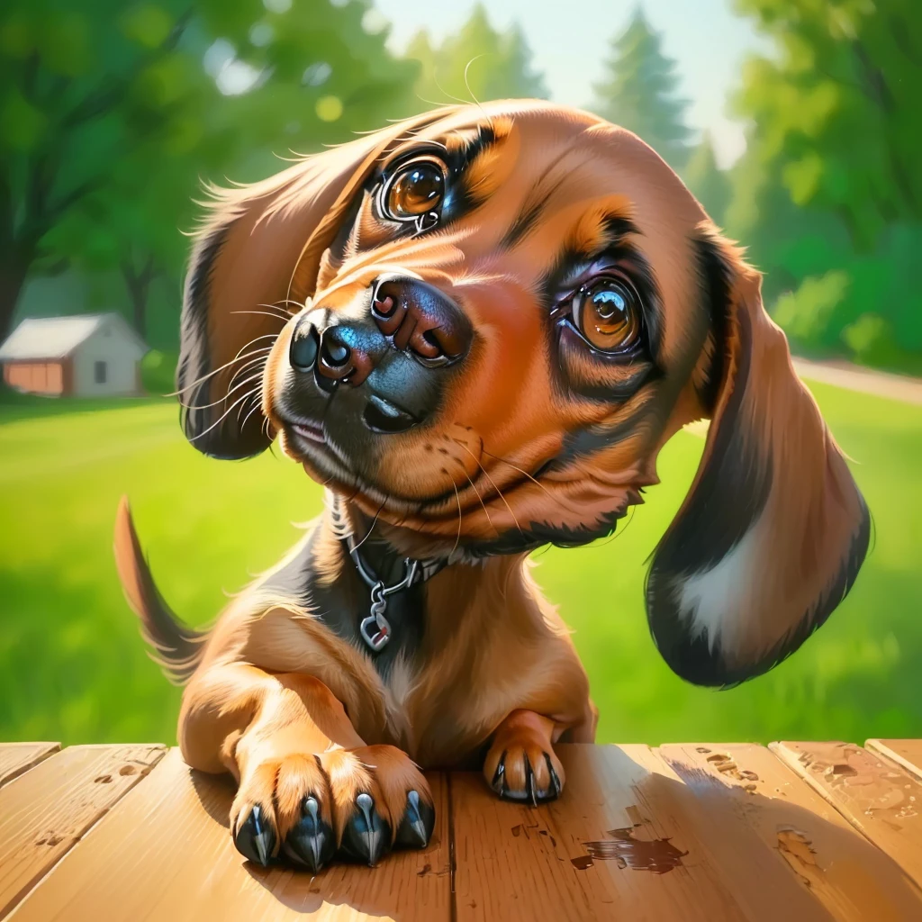 A dog sitting on a wooden table,Painting with head hanging on the ground, Cute numbers, Lovely and detailed digital art, cute dog, Cute numbers艺术, portrait of a Dachshund, Realistic illustration, ultra-realistic picture, painting of cute dog, Dachshund, ultra Realistic illustration, Lovely detailed artwork, Digital Cartoon Art, Cartoon Numbers, Cartoon Animal Portraits