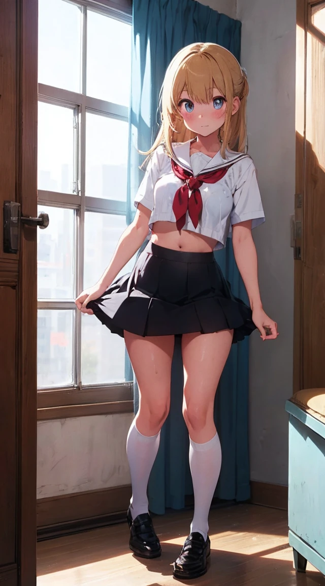 Full body, full body illustration, best illustration, kindergarten, ((highest quality)), ((masterpiece)), (detail: 1.4), anatomical, award-winning concept art, beautiful, fine details, portraits, look at the viewer, ((show full body)), 1 girl, full body, , golden hair, blonde, semi-long hair, big eyes, left eye pupil is star-shaped, Characteristic left eye pupil, left eye pupil clear, left eye pupil detailed, vine peta, cute underwear, small, transparent panties, mini skirt, white panties, wet, shirt, wet clothes, skirt lift, blush, classroom, belly button, clothes lift, bedroom background, lift yourself, white shirt, uniform, light blue school clothes, look away, short sleeves, , skinny, kindergarten, fantastic visual depiction, professional effect, beautiful girl, girl,on the bed, sexy horny, in a sexual pose, one sexy anime girl, legs spread across