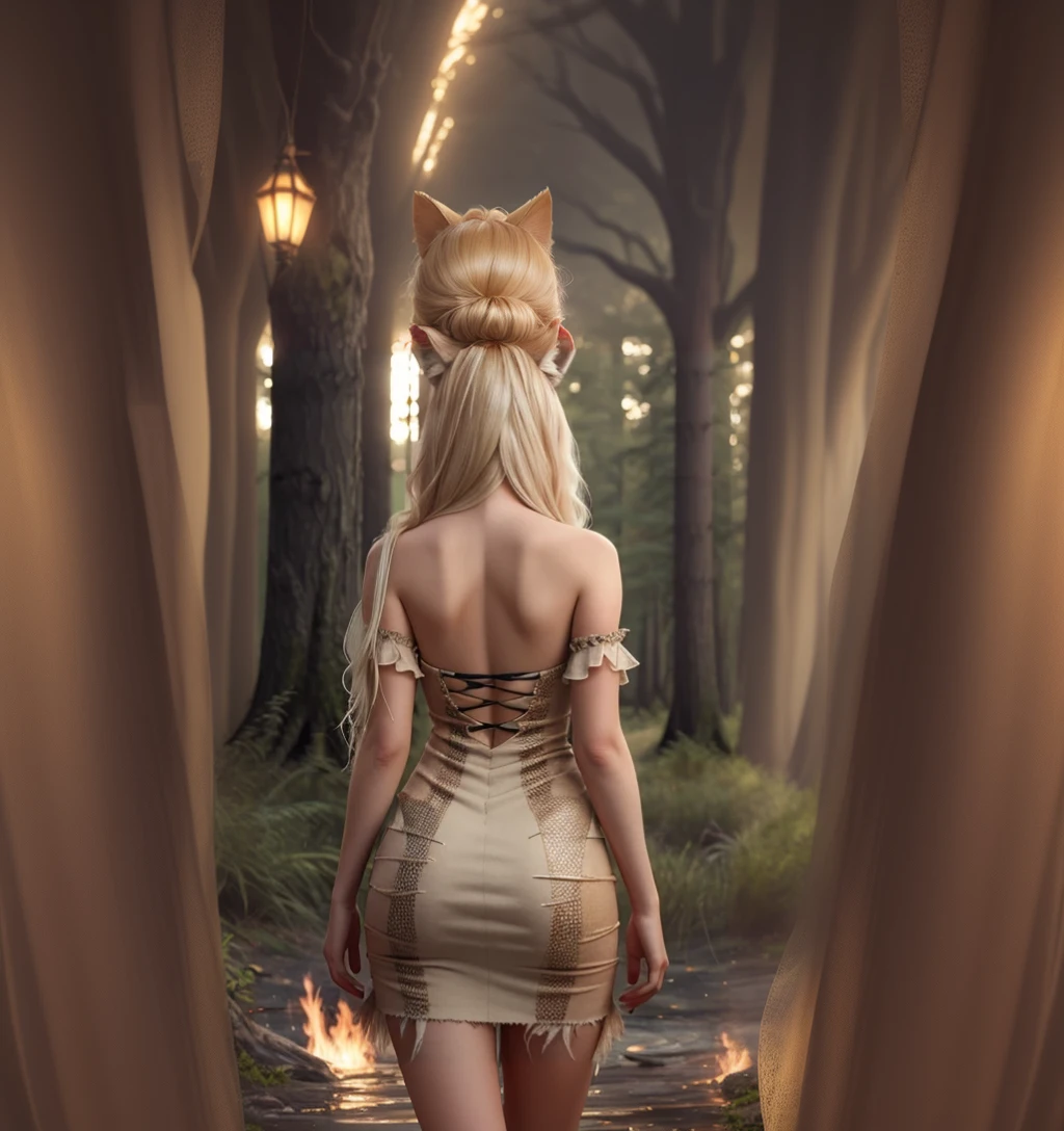 blond woman in a dress with a cat ears and tail, intricate dress, inspired by Hedi Xandt, fantasy dress, amouranth, detailed dress, golden corset, opened dress, queen of the forest, looking from behind, sexy dress, very beautiful elven top model, intricate outfit, an intricate dress, fantasy outfit, shot from the back, golden dress